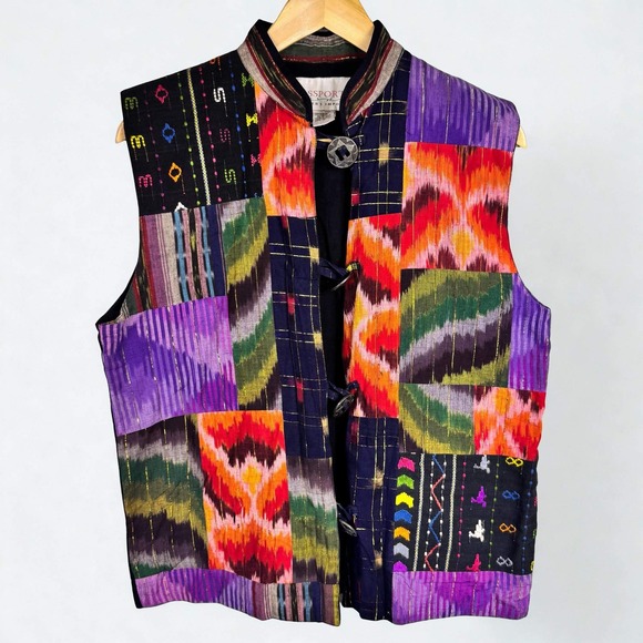 Passports of Pier 1 Imports Jackets & Blazers - Vtg Passports Pier 1 Imports Patchwork Ikat Cotton Vest Metal Buttons Grandma